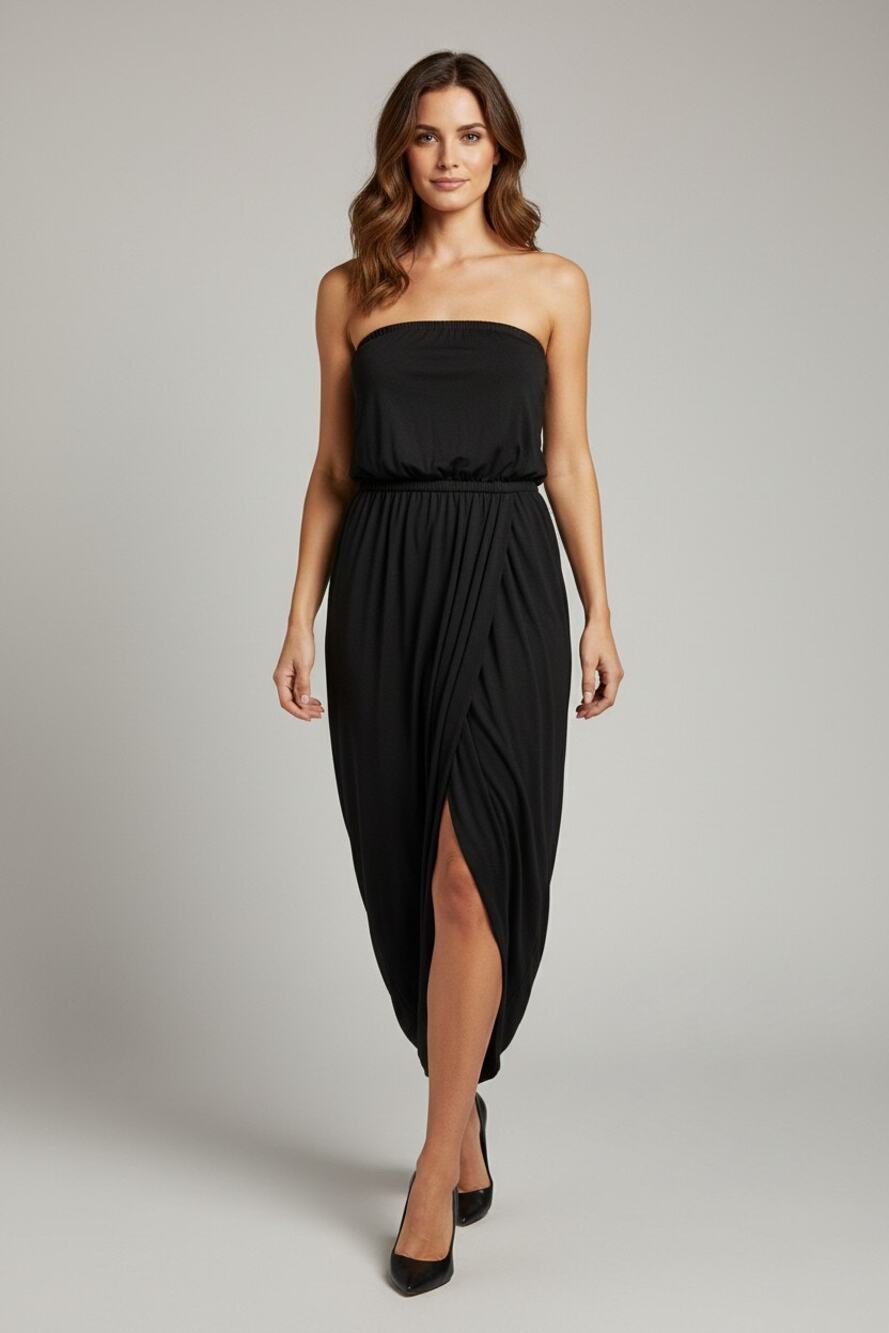 S Black strapless draped long Alice + Olivia Air Tulip Tube High Slit Minimalist